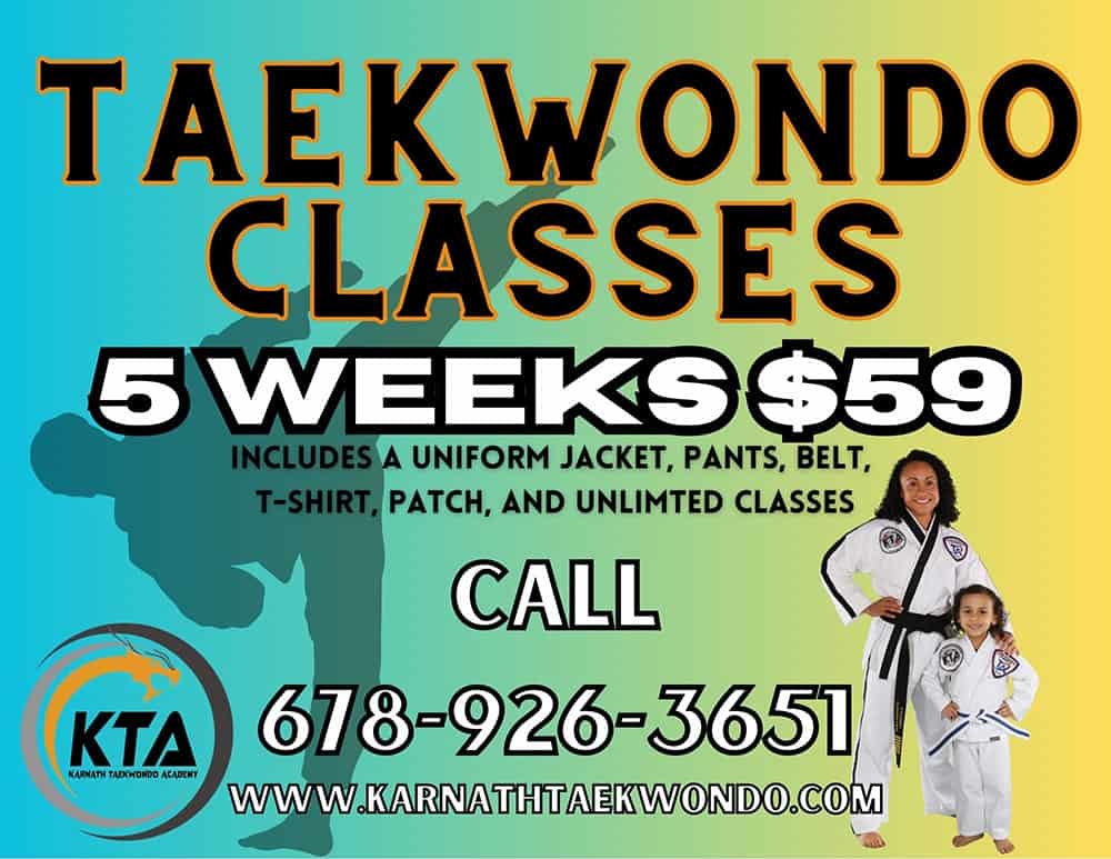Karnath Taekwondo - A flyer promoting Suwanee TaeKwonDo classes for martial arts training.